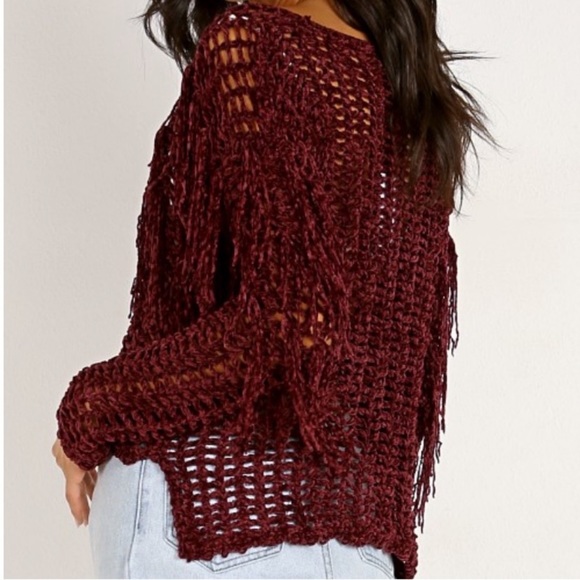 New Burgundy Western Fringe Sweater - Picture 3 of 6